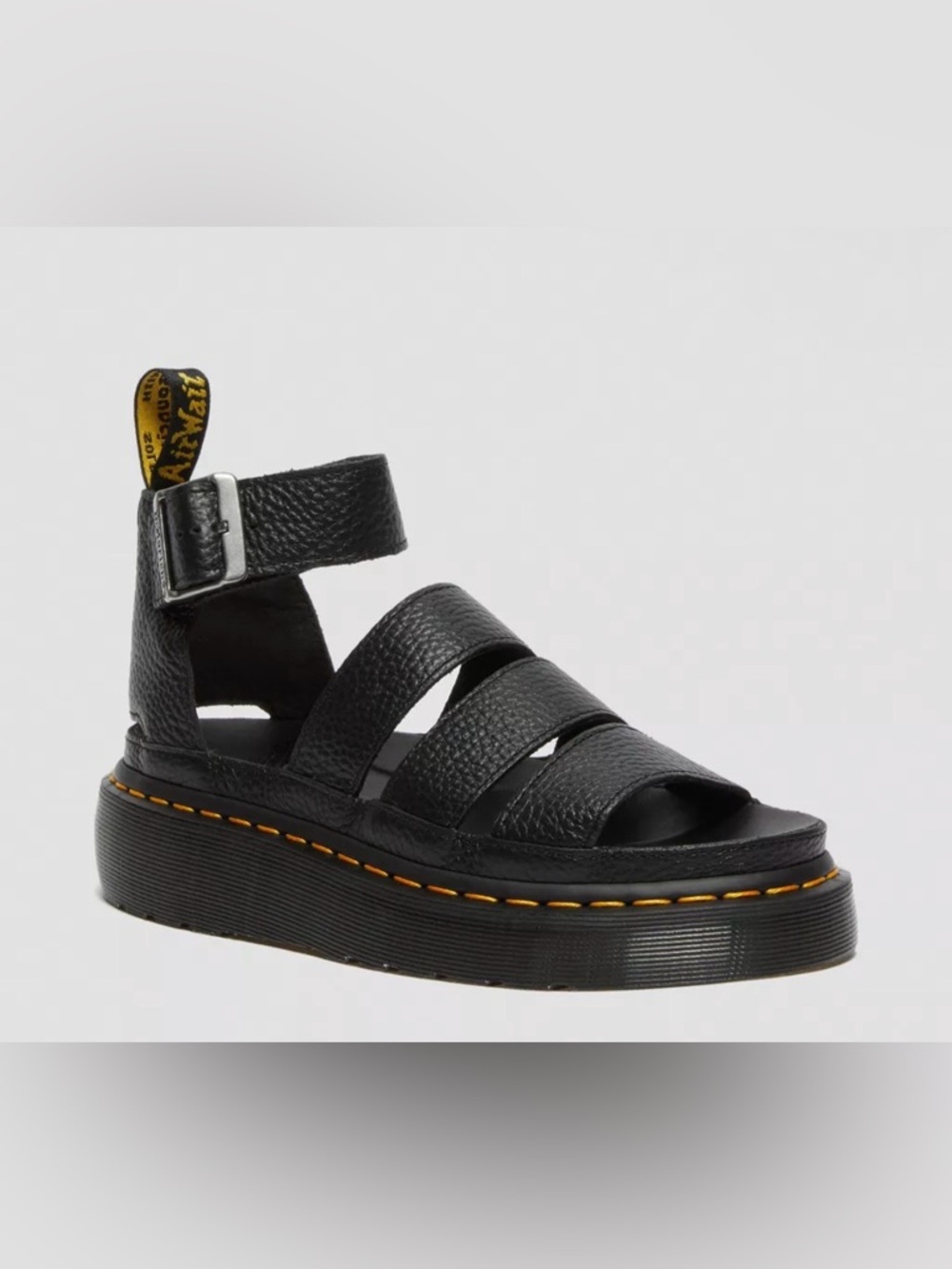 Dr. Martens Black Leather Platform Strappy Sandals with Yellow Stitching
